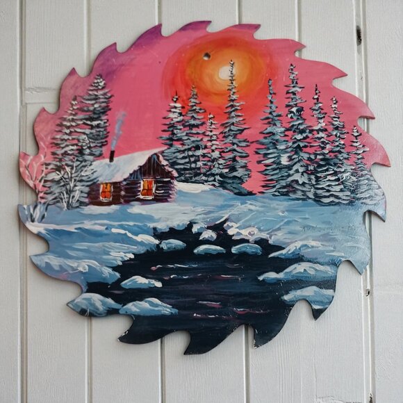 Hand-Painted Rustic Cabin Saw Blade by Ann Simmons – Winter Landscape Art - Picture 1 of 11